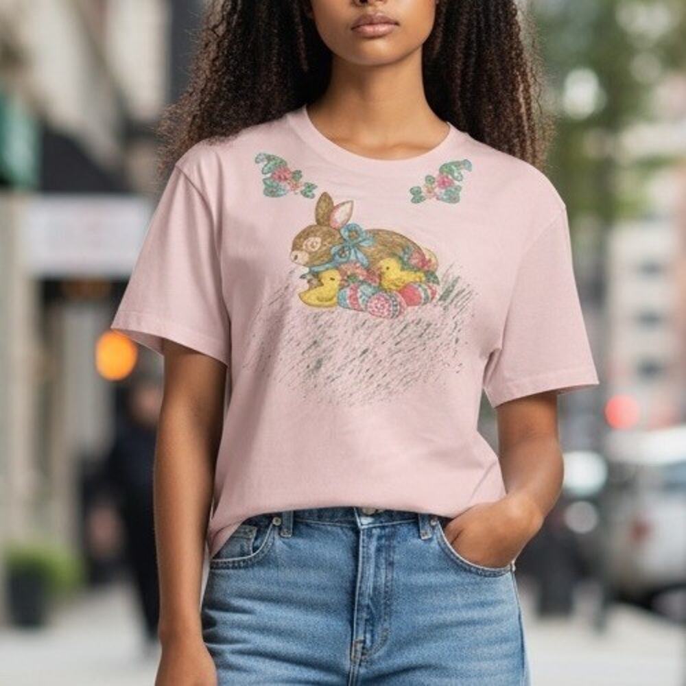 ViINTAGE EASTER Hand Decorated T-Shirt Bunny Chick Eggs Hanes 50/50 Pink 3437-9
